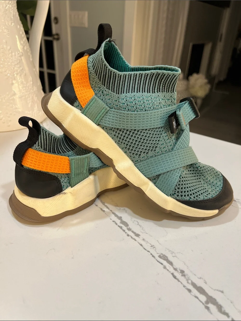 Chaco Teal Knit Strap Sneakers with Orange Heel Accent size W7